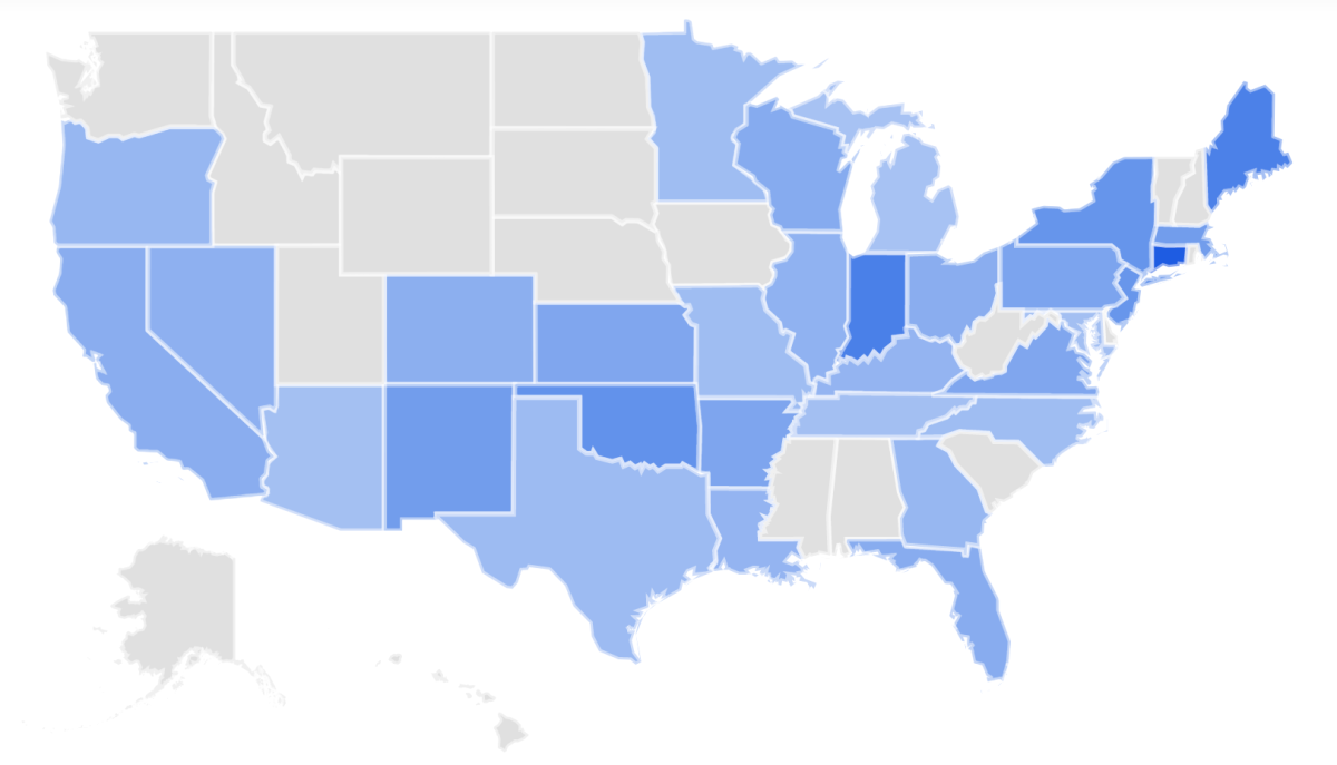 This map indicates interest in the search term "breakthrough infections" around the country.
