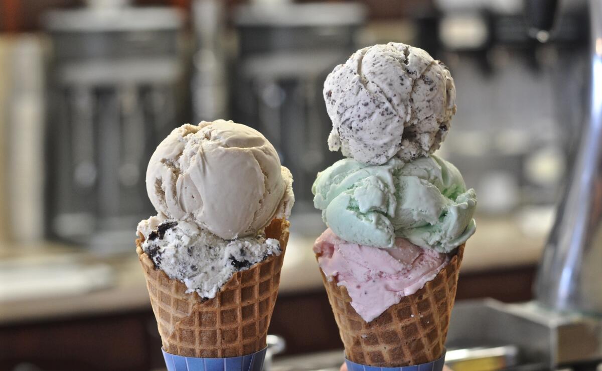 Scoops of ice cream in waffle cones at Fosselman's Ice Cream Co. in Alhambra.