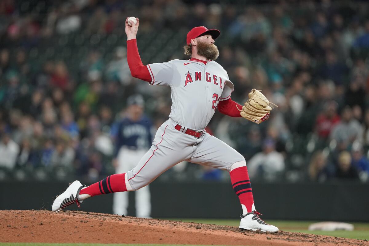 Angels pitcher Archie Bradley throws against the Seattle Mariners.