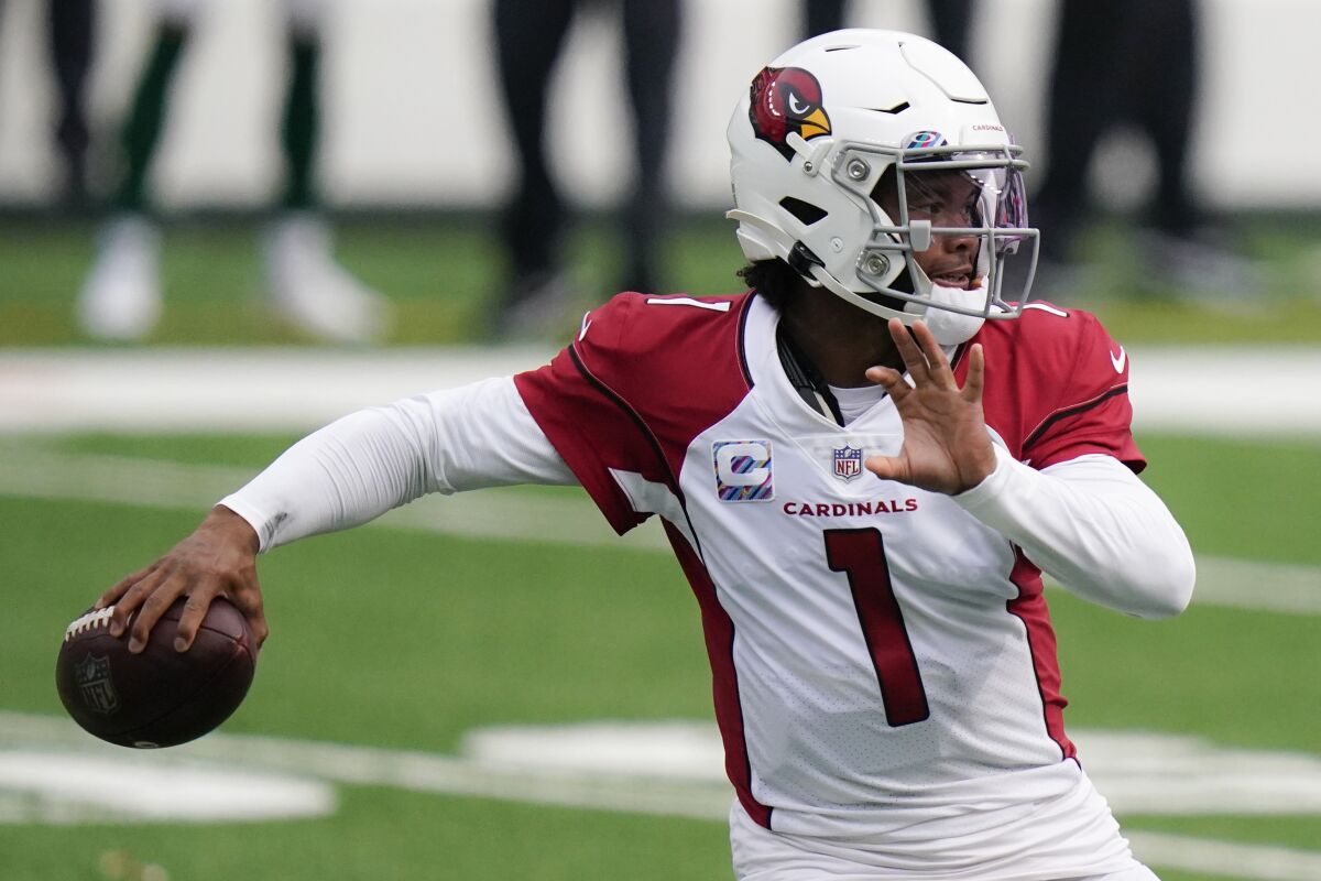 Arizona Cardinals quarterback Kyler Murray looks to pass during the first half of an NFL football game against the New York Jets, Sunday, Oct. 11, 2020, in East Rutherford. (AP Photo/Frank Franklin II)