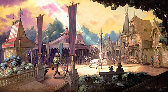 An artist's rendering of the main entrance leading into Fantasy Faire princess meet-and-greet area coming to Disneyland.