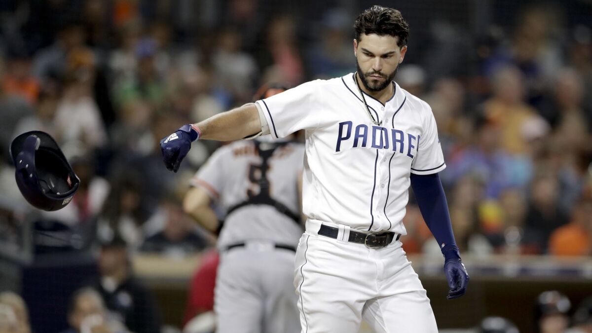 Padres' Eric Hosmer reacts after striking out during a September game at Petco Park.