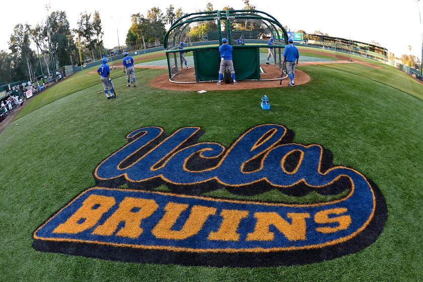 UCLA players take batting practice at Jackie Robinson Stadium on June 1, 2015.