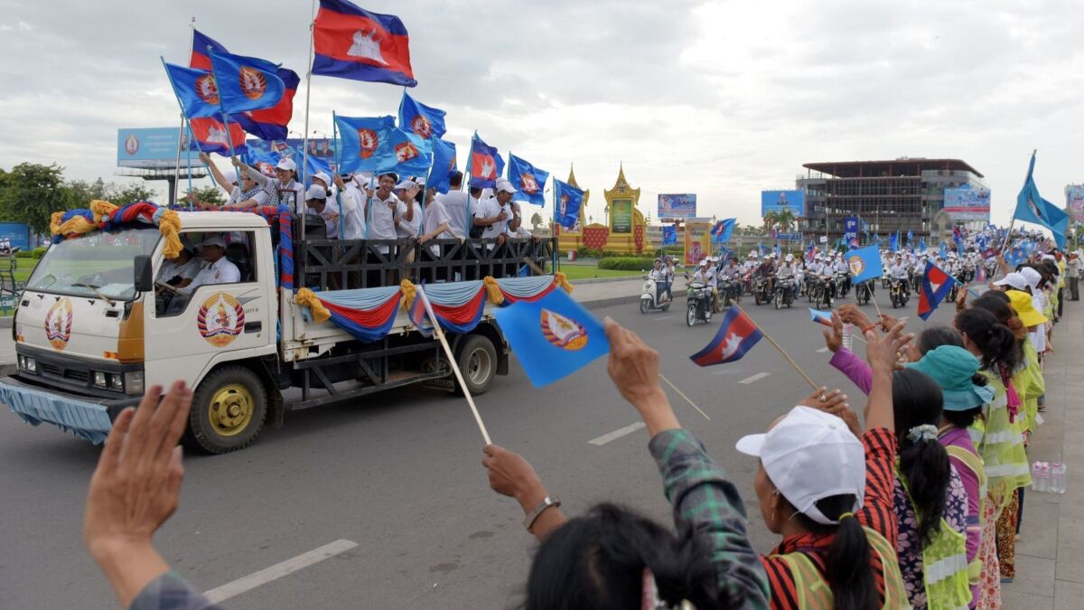 Supporters of the Cambodian People's Party rally on July 22, 2018, in Phnom Penh.
