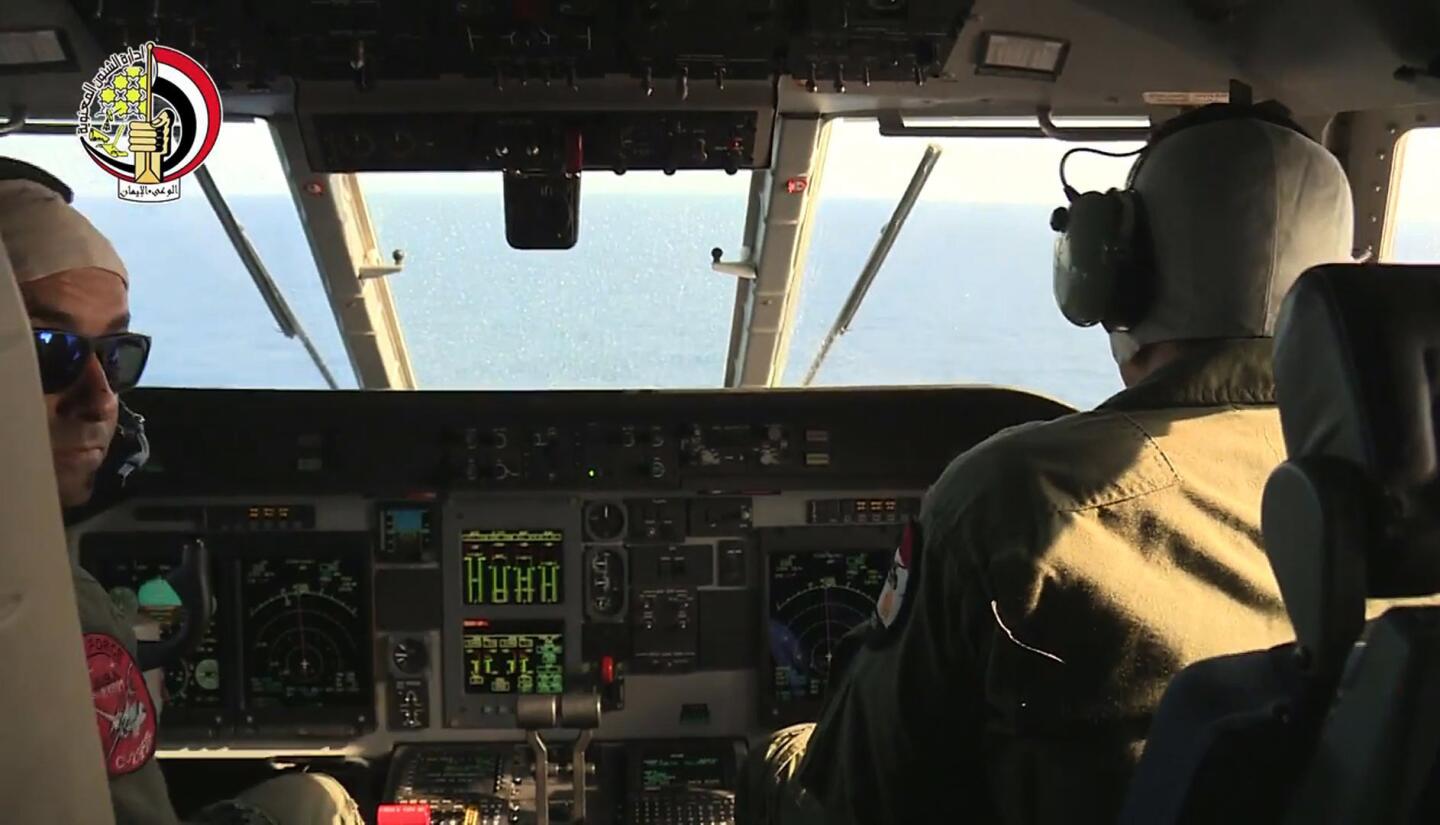 An image from an Egyptian Defense Ministry video shows Egyptian pilots searching the Mediterranean Sea for wreckage of Flight 804.