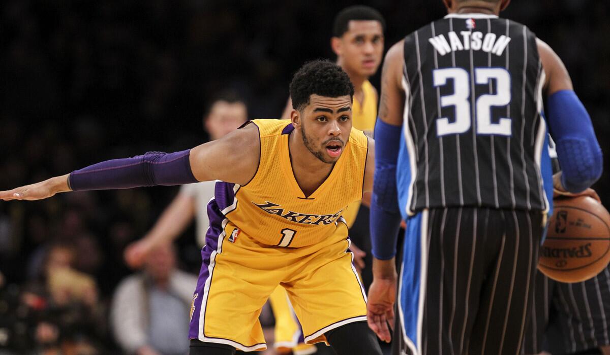 Los Angeles Lakers guard D’Angelo Russell (1) in action during the second against the Orlando Magic on Tuesday.