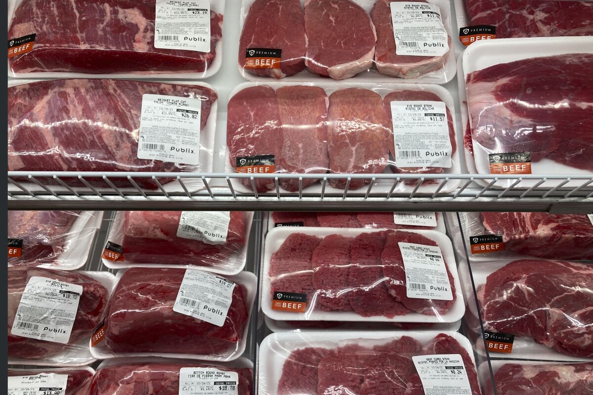 A selection of beef cuts is displayed at a Publix Supermarket, Wednesday, Oct. 20, 2021, in Miami. The Labor Department said Thursday, Feb. 10, 2022, that consumer prices jumped 7.5% last month compared with a year earlier, the steepest year-over-year increase since February 1982. The acceleration of prices ranged across the economy, from food and furniture to apartment rents, airline fares and electricity. (AP Photo/Marta Lavandier)