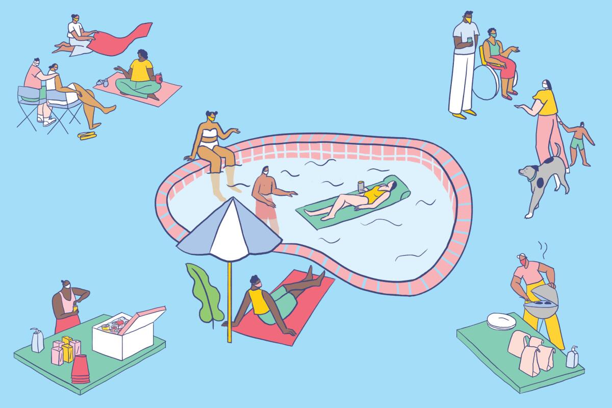 An illustration of people grilling, playing with dogs, lounging by a pool and sitting in a park