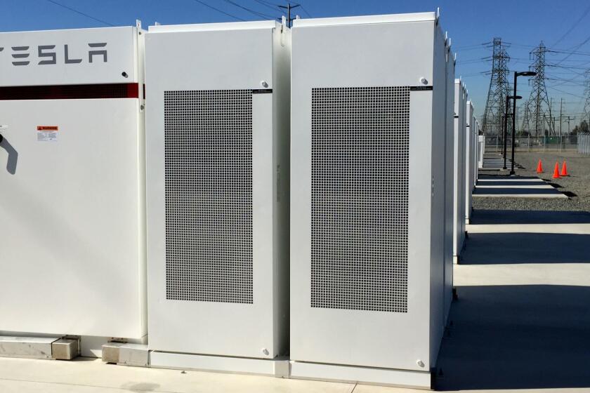 MIRA LOMA, CALIF. - JAN. 30, 2017 - Tesla Motors and Southern California Edison unveiled the world's largest lithium-ion energy storage system Monday at the utilities Mira Loma substation. The storage system can power 2,500 homes for a day. (Ivan Penn / Los Angeles Times)