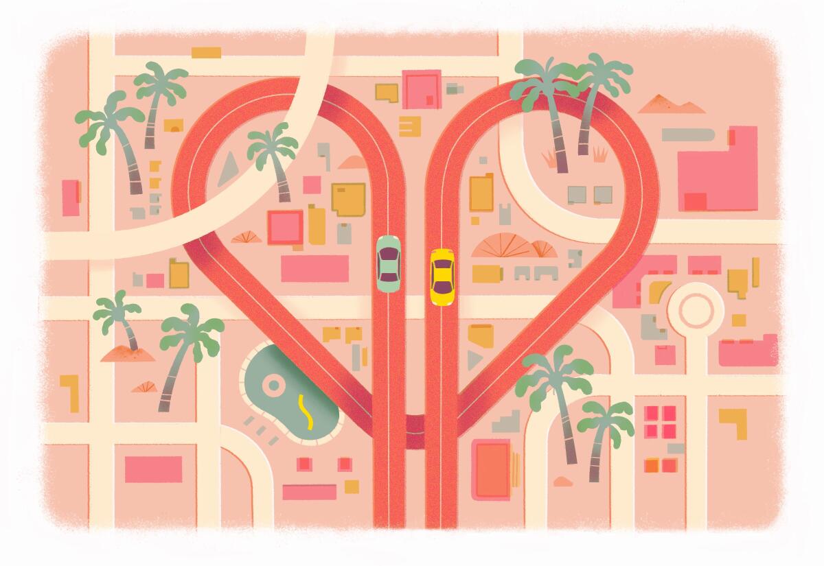 Illustration of two cars on a heart-shaped freeway traversing Los Angeles