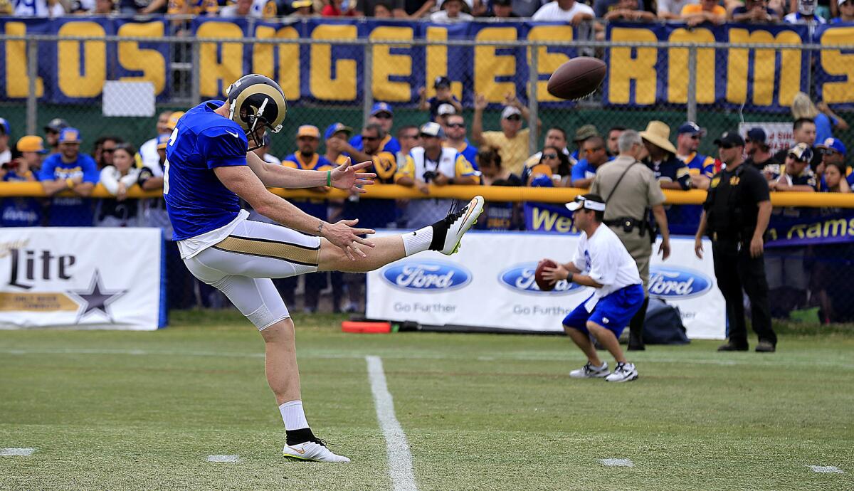 Rams punter Johnny Hekker practices during a training camp session in Oxnard.