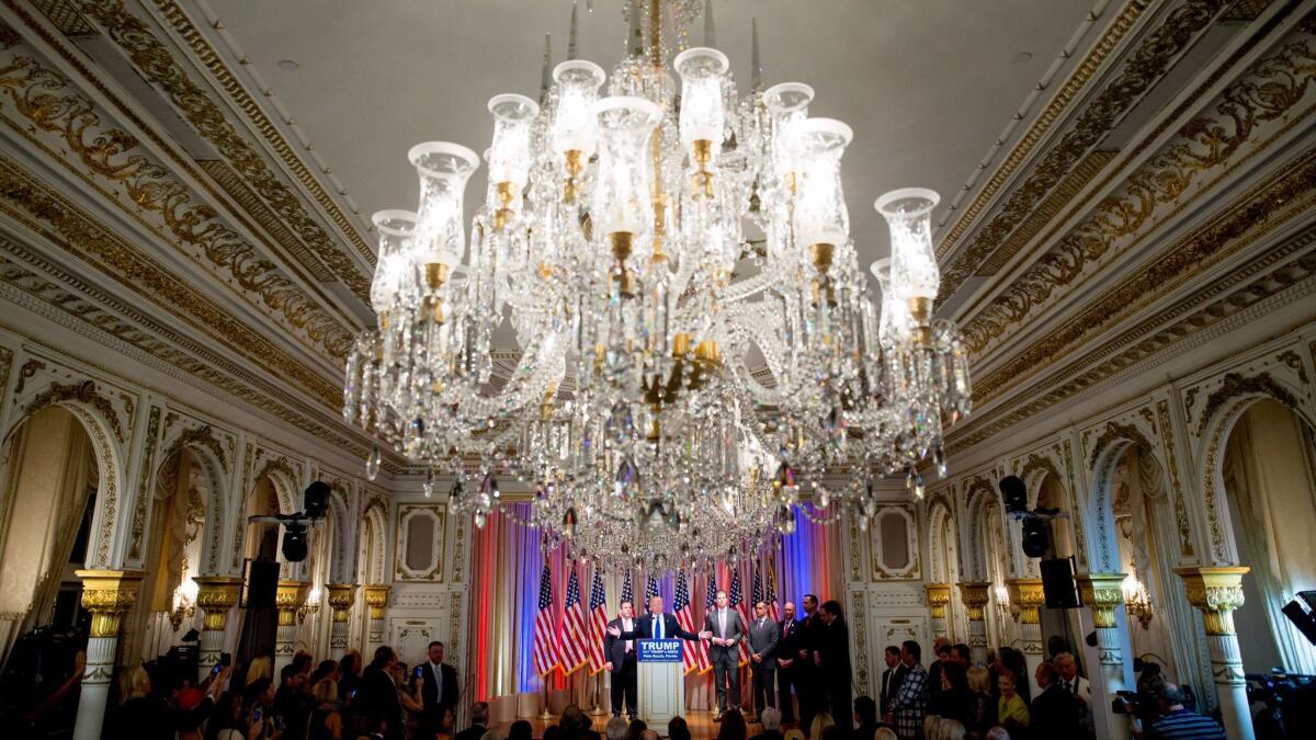 Republican presidential candidate Donald Trump speaks during a news conference in the White and Gold Ballroom at The Mar-A-Lago Club in Palm Beach, Fla. on March 1, 2016.