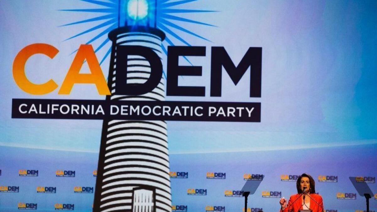 Rep. Nancy Pelosi of San Francisco speaks at the California Democratic Party convention on Feb. 24, 2018, in San Diego.