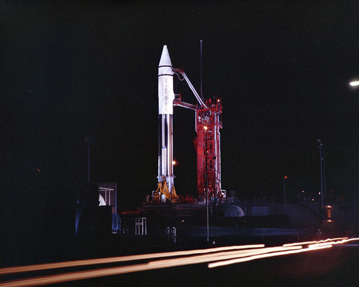 An Atlas Centaur 7 rocket on the launchpad at Cape Canaveral, Fla., in 1966