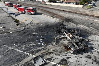 Wilmington, CA - February 15: Aerial view of truck explosion, with firefighting equipment visible in the debris, where several firefighters were injured, at least two critically, in an explosion involving a truck with pressurized cylinders in Wilmington Thursday, Feb. 15, 2024. Firefighters were sent to the 1100 block of North Alameda Street shortly before 7 a.m., according to Nicholas Prange of the Los Angeles Fire Department. ``Several other injured are being evaluated on scene, awaiting additional ambulances to arrive -- (an) estimated seven total firefighters,'' Prange said.(Allen J. Schaben / Los Angeles Times)