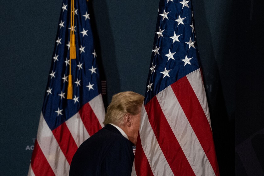 Former President Trump departs after speaking to the America First Policy Institute