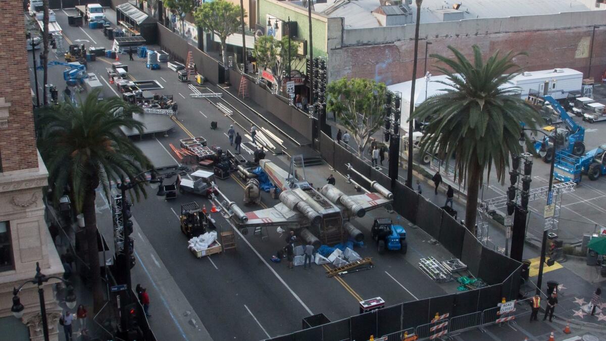 The prop display sits on Hollywood Blvd in preparation for the premiere of "Rogue One: A Star Wars Story."