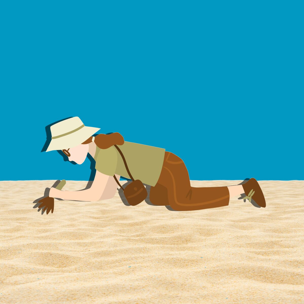 Illustration of a woman on her knees brushing away sand.