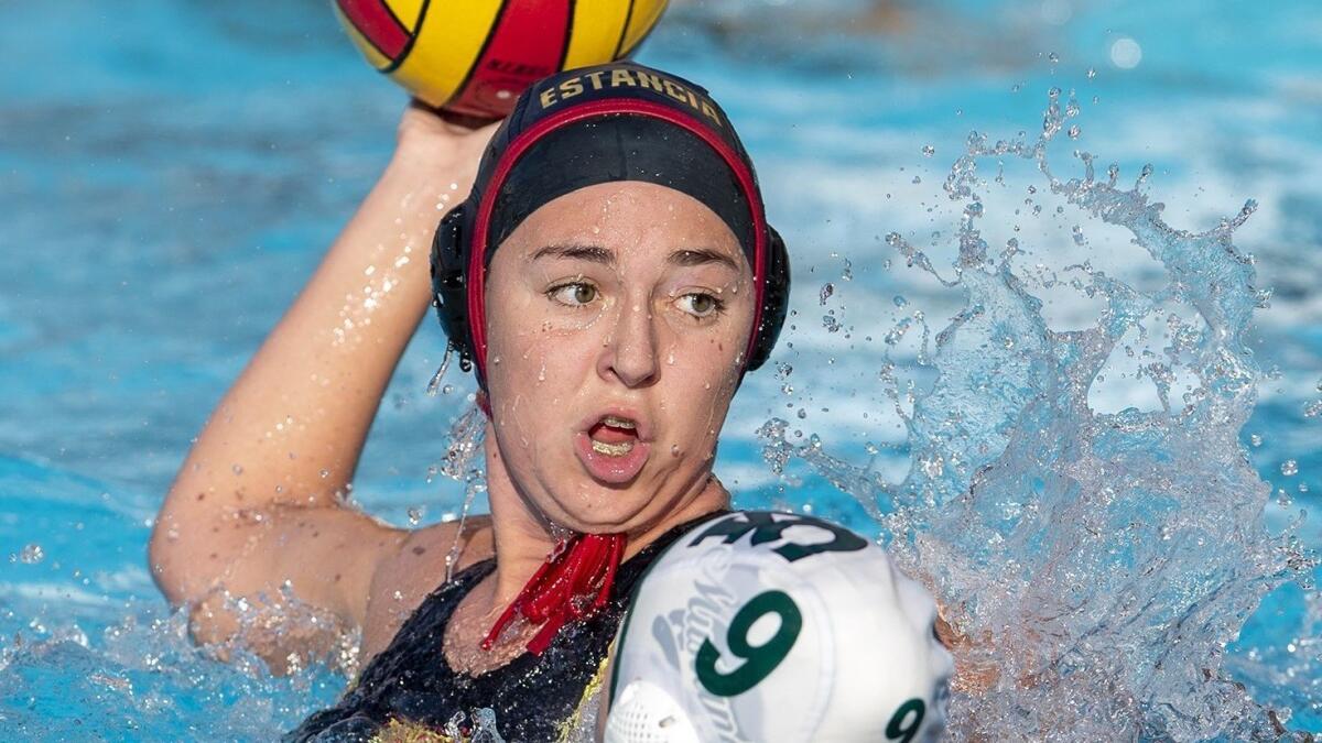 Estancia High's Bella Dunham, pictured taking a shot against Costa Mesa on Jan. 30, led the Eagles to a 16-6 win over Rancho Alamitos in the wild-card round of the CIF Southern Section Division 7 playoffs on Tuesday.