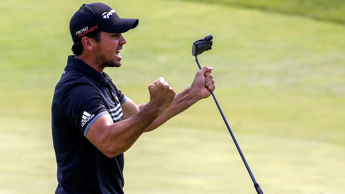 Jason Day celebrates after making a birdie putt at No. 7 during the final round of the PGA Championship on Sunday at Whistling Straits.