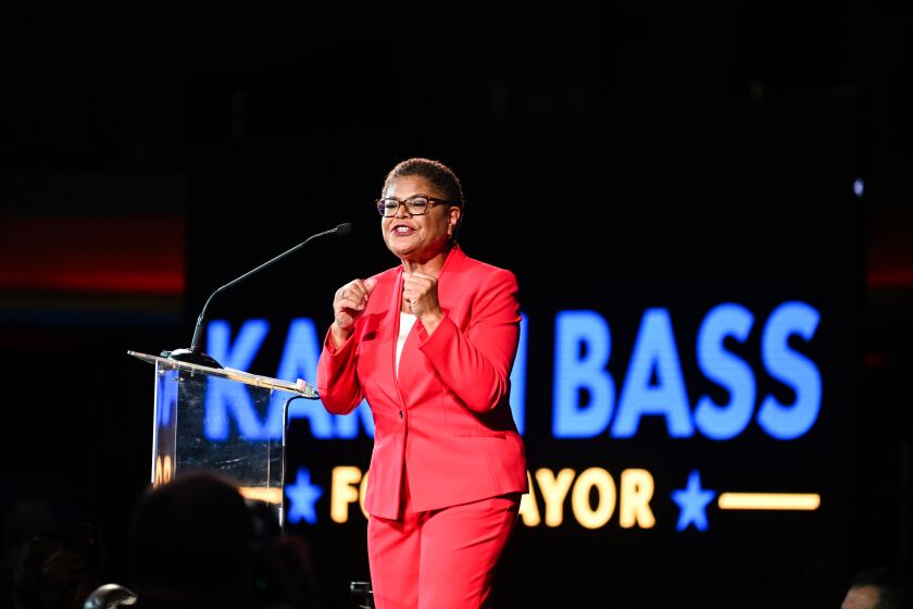 Los Angeles, CA - November 8: Karen Bass speaks during an election night rally on Saturday, Nov. 8, 2022 in Los Angeles, CA. (Wally Skalij / Los Angeles Times)