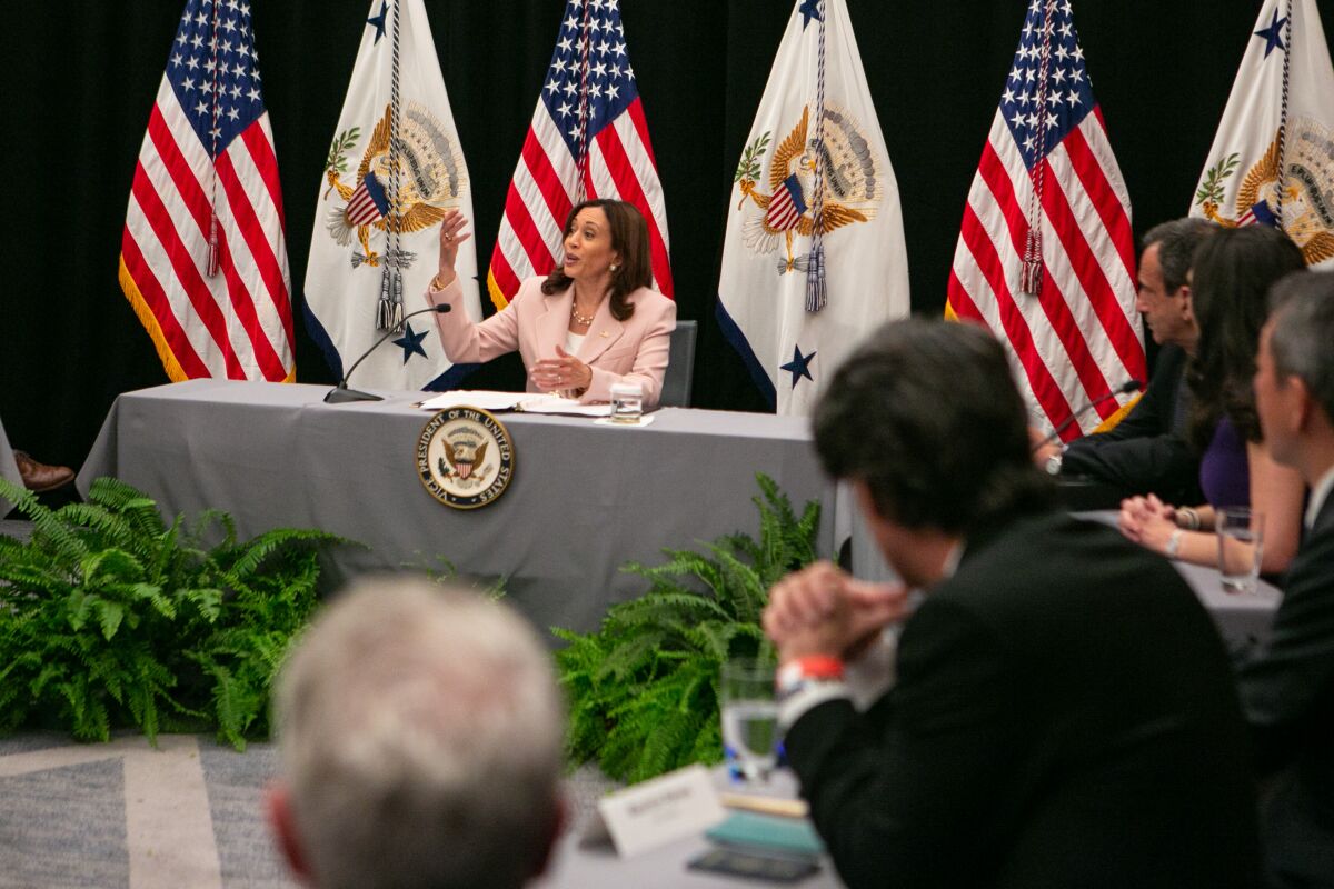 Vice President Kamala Harris sitting behind a long table with flags in the background, speaking to others at a meeting