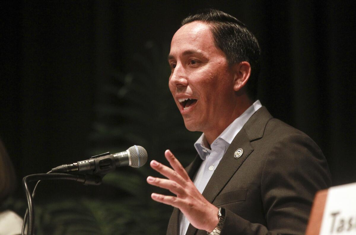 San Diego mayoral candidate Todd Gloria spoke at  Mission Bay High School in 2019 in San Diego
