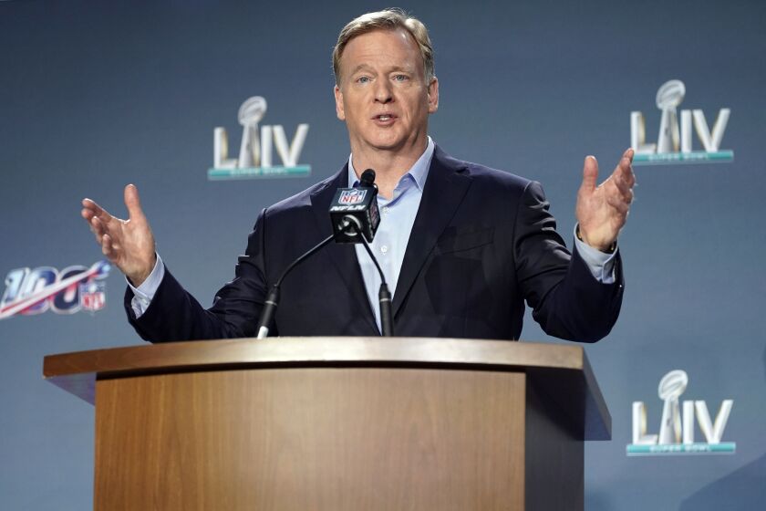 FILE - In this Jan. 29, 2020, file photo, NFL Commissioner Roger Goodell answers a question.