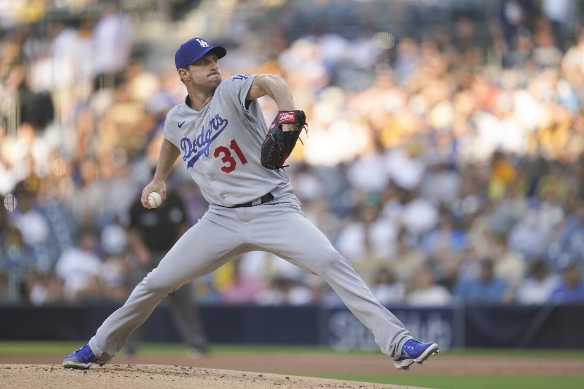 Dodgers starting pitcher Max Scherzer throws against the San Diego Padres on Thursday.