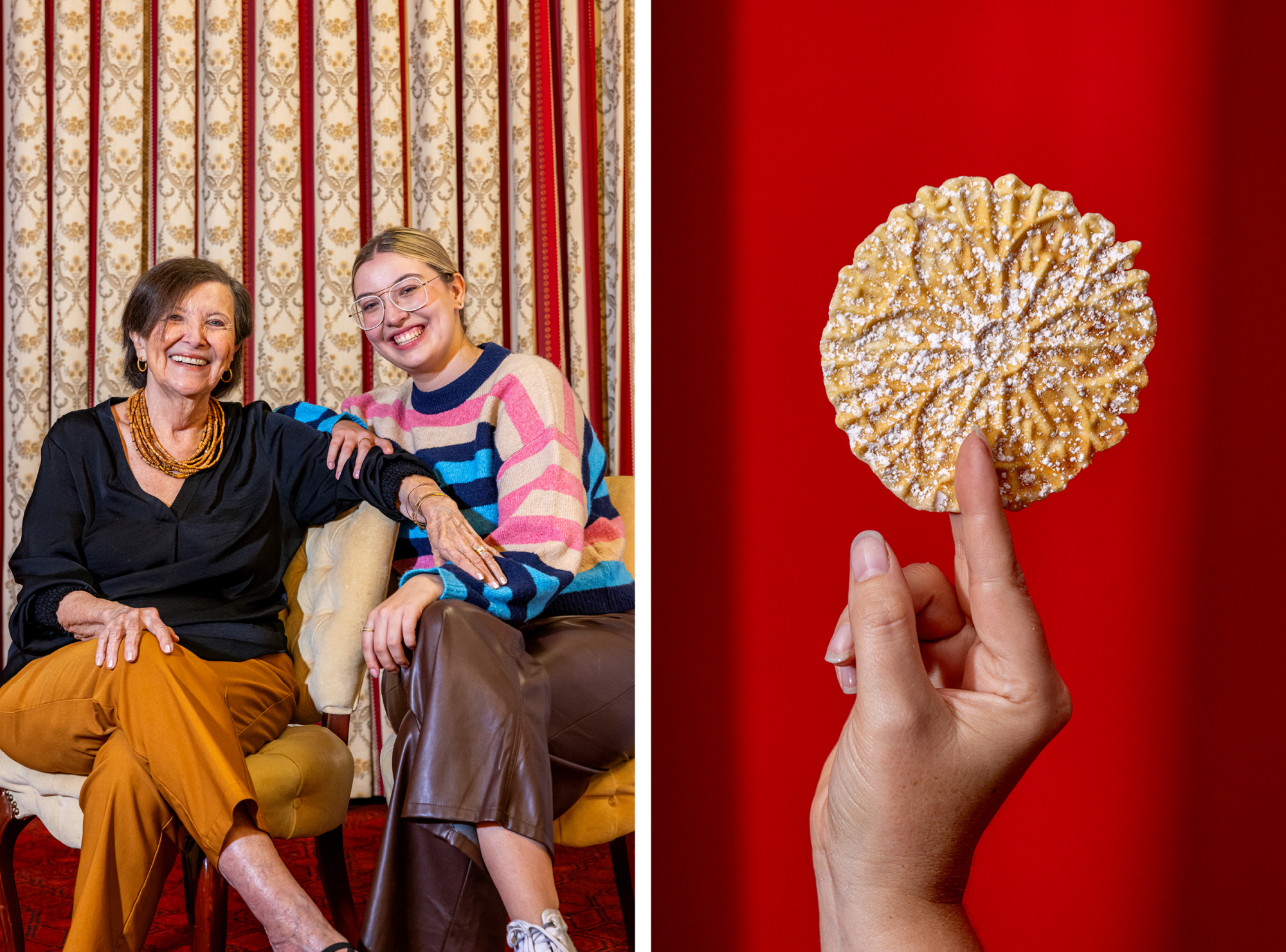 A woman seated with her granddaughter; a hand holds up a thin and crispy Italian pizzella cookie