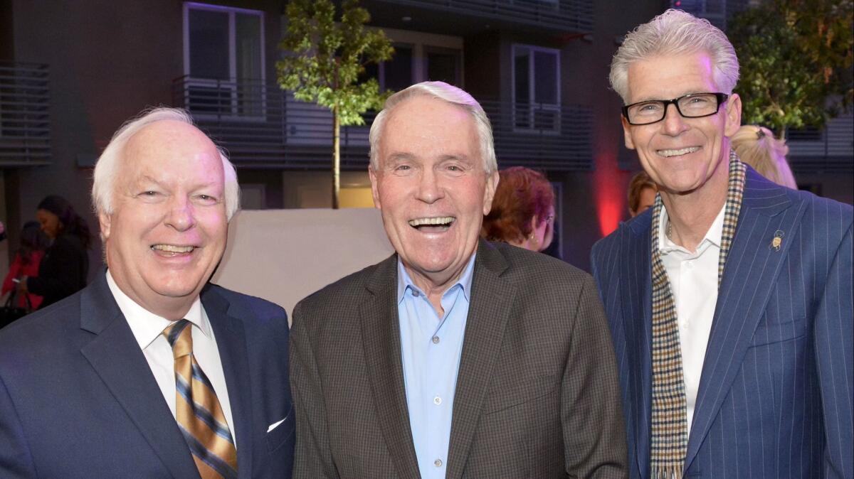 Among the former mayors who congratulated the Cusumanos on the opening of Talaria were Bob Bowne, from left, Tom Flavin, and Michael Hastings.