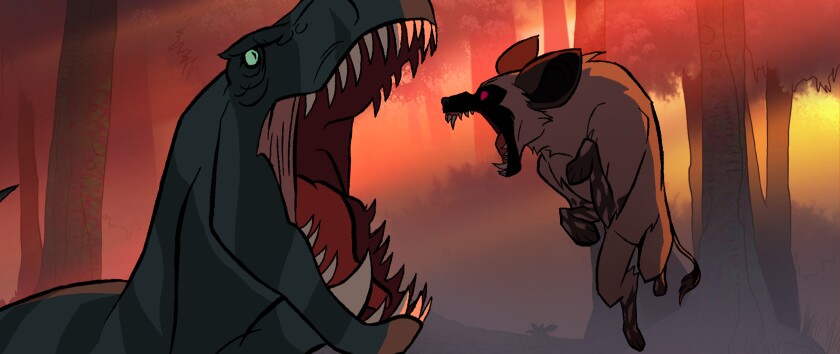 A dinosaur and a mammal in 'Primal'