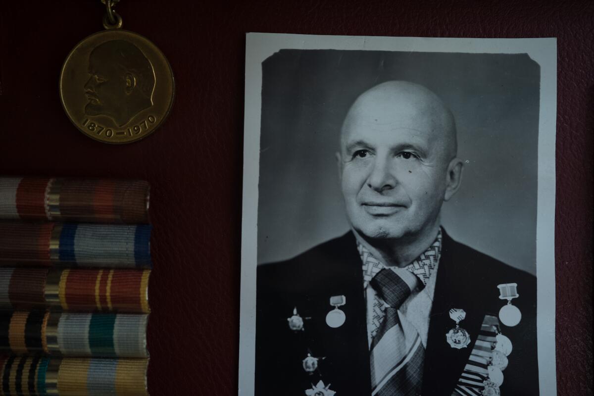Yukhym Prigozhyn's portrait and medals at the museum in Zhovti Vody on Aug. 3, 2023.