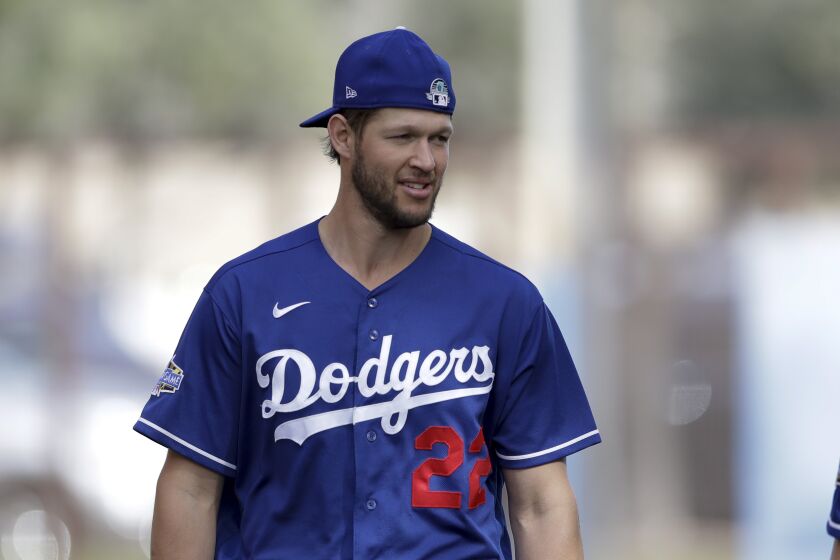 Los Angeles Dodgers starting pitcher Clayton Kershaw during spring training baseball Friday, Feb. 21, 2020, in Phoenix. (AP Photo/Gregory Bull)