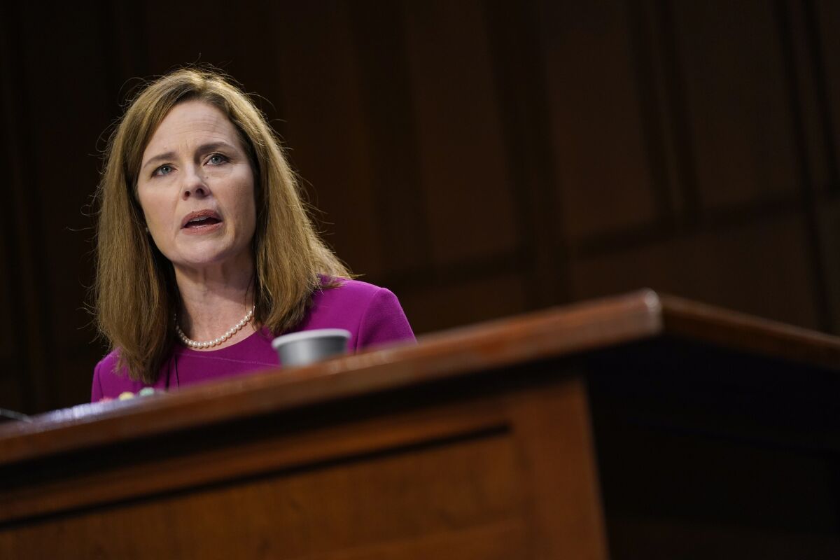 Supreme Court nominee Amy Coney Barrett before the Senate Judiciary Committee on Oct. 12.