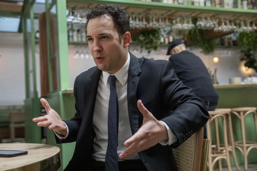 WEST HOLLYWOOD, CA-MARCH 8, 2023: Actor Ben Savage, who starred in "Boy Meets World," and is running for Congress, is photographed while being interviewed by reporter in West Hollywood. (Mel Melcon / Los Angeles Times)
