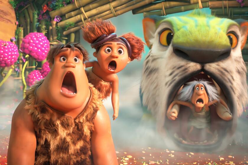 (from left) Thunk Crood (Clark Duke), Sandy Crood (Kailey Crawford) and Gran (Cloris Leachman) in DreamWorks Animation's "The Croods: A New Age," directed by Joel Crawford.