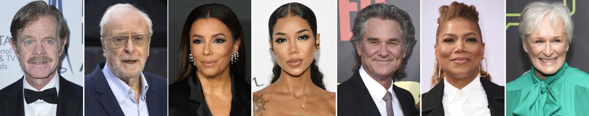 This image of celebrities with birthdays from March 13-19 shows William H. Macy, from left, Michael Caine, Eva Longoria, Jhene Aiko, Kurt Russell, Queen Latifah and Glenn Close. (AP Photo)