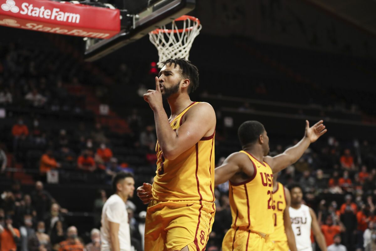 USC forward Isaiah Mobley reacts after scoring a basket against Oregon State on Thursday.