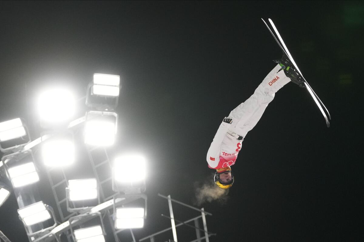 China's Jia Zongyang competes during the men's aerials finals Wednesday at the 2022 Winter Olympics.