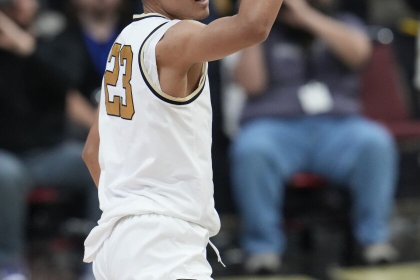 Colorado forward Tristan da Silva gestures after hitting a 3-point basket against Stanford in the second half of an NCAA college basketball game Sunday, Feb. 5, 2023, in Denver. (AP Photo/David Zalubowski)