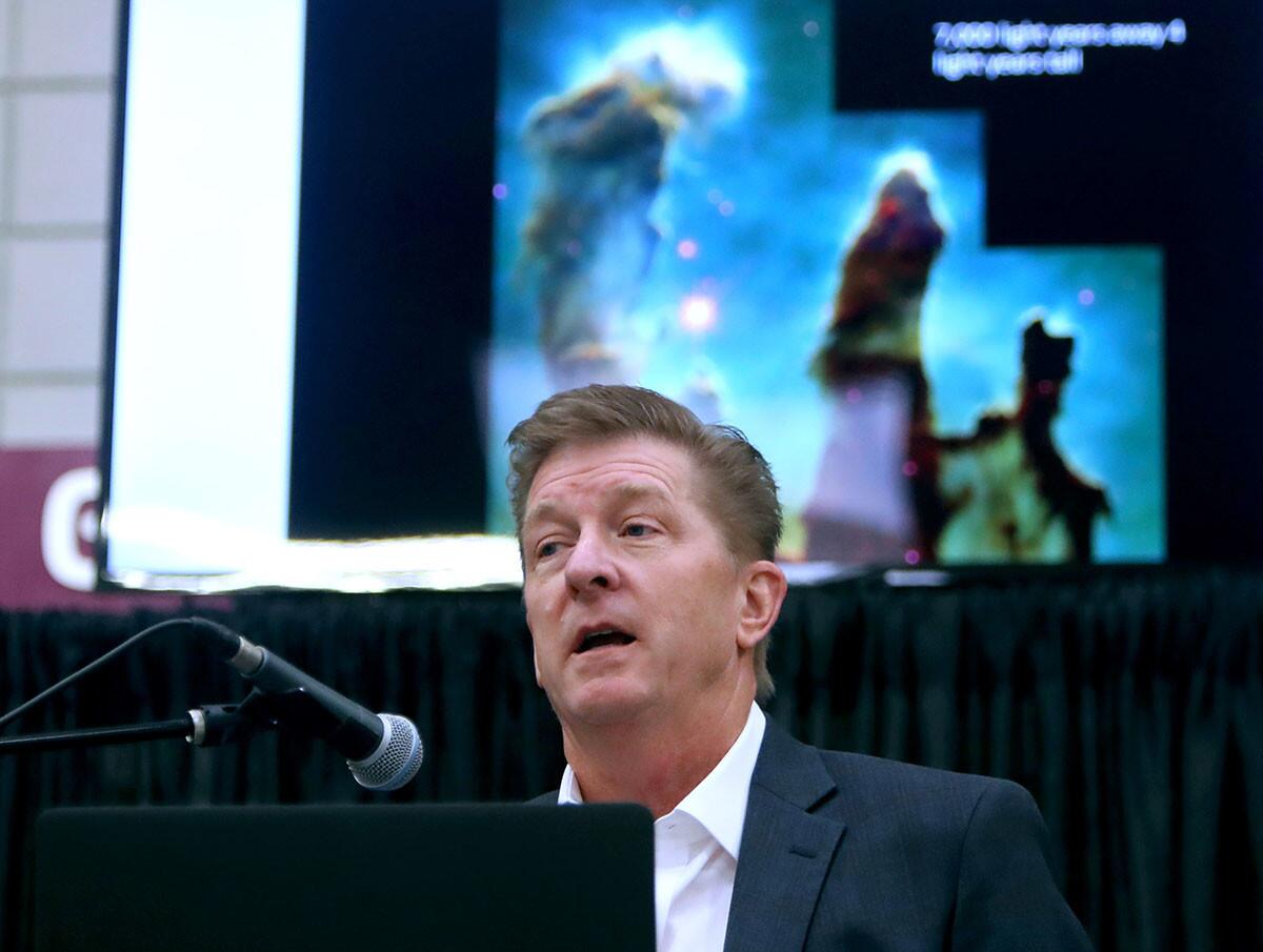 With an image of the Pillars of Creation, towering tendrils of cosmic dust and gas that sit at the heart of the Eagle Nebula, JPL Associate Director Dave Gallagher gave the keynote address, "Finding Life," at the 29th annual Community Prayer Breakfast, at the YMCA of the Foothills, in La Canada Flintridge on Thursday, Nov. 1, 2018.