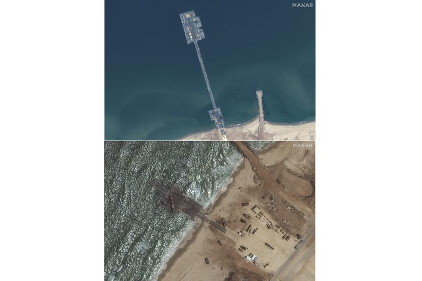 These images released by Maxar Technologies show the newly completed pier in the Gaza Strip on May 18, 2024, top, and the remaining section of the temporary pier on May 29, 2024. A string of security, logistical and weather problems have battered the plan to deliver desperately needed humanitarian aid to Gaza through a U.S. military-built pier. Broken apart by strong winds and heavy seas just over a week after it became operational, the project faces criticism that it hasn’t lived up to its initial billing or its $320 million price tag. (Satellite images 2024 Maxar Technologies via AP)