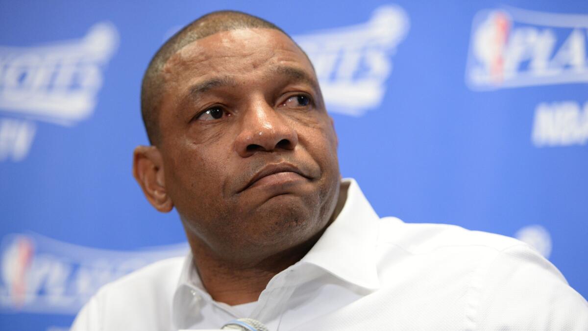 Clippers Coach Doc Rivers participates in a news conference before the start of Game 5 of the Western Conference quarterfinals against the Golden State Warriors at Staples Center on Tuesday.