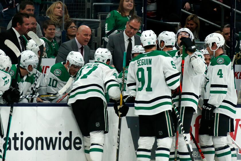 COLUMBUS, OH - OCTOBER 16: Head coach Jim Montgomery of the Dallas Stars talks to his players during a timeout in the game against the Columbus Blue Jackets on October 16, 2019 at Nationwide Arena in Columbus, Ohio. Columbus defeated Dallas 3-2. (Photo by Kirk Irwin/Getty Images)