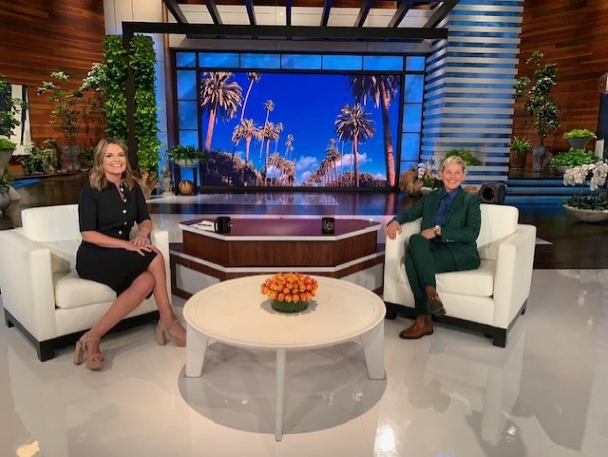 Savannah Guthrie, left, interviews Ellen DeGeneres on "The Ellen DeGeneres Show" set