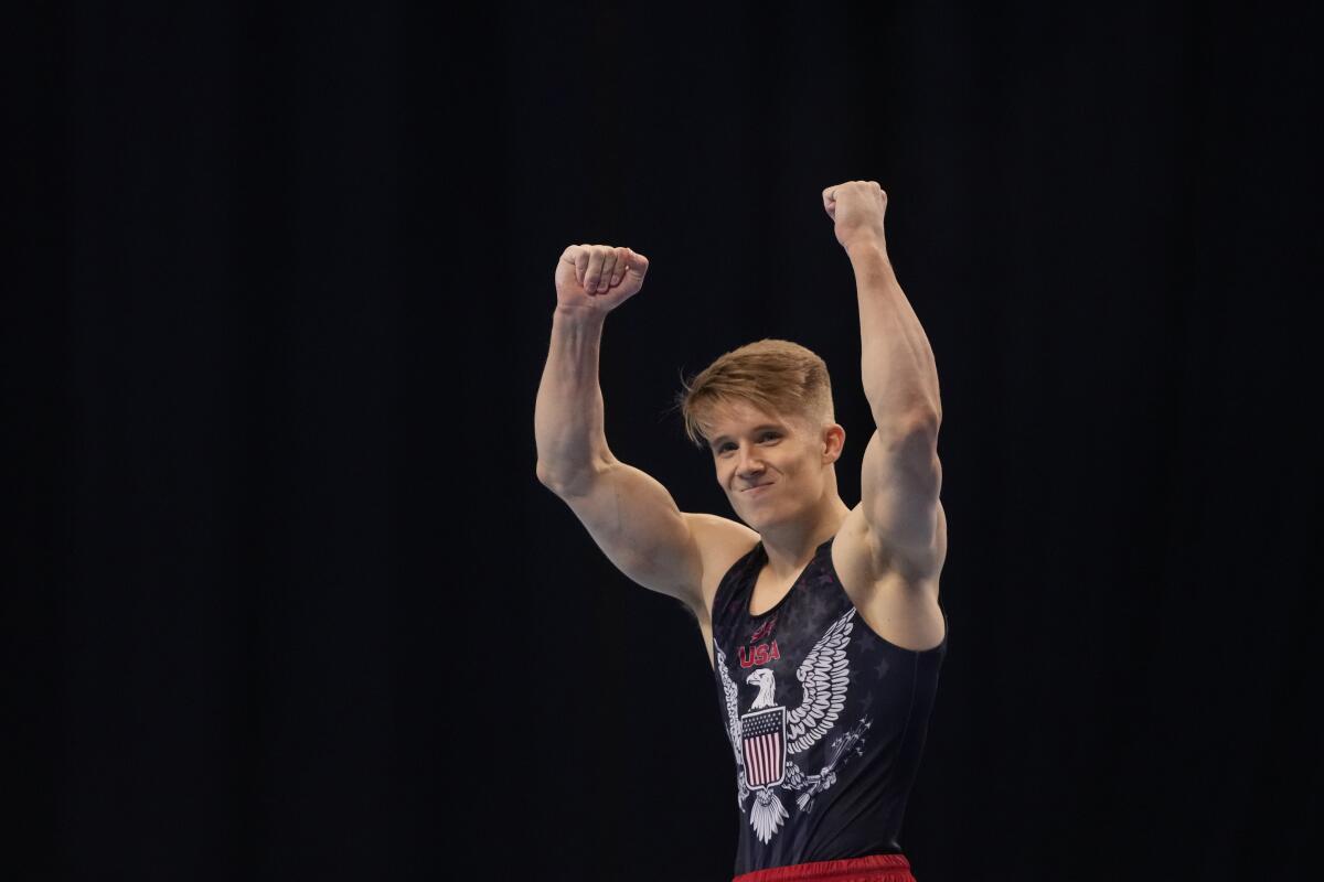 Shane Wiskus celebrates after his floor routine during the men's U.S. Olympic gymnastics trials June 26, 2021.