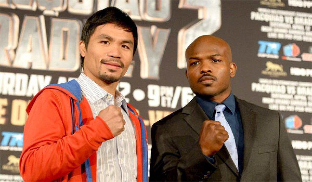 Manny Pacquiao,left, will get his rematch against Timothy Bradley, right, on April 12 at MGM Grand in Las Vegas. Bradley won their June 2012 bout by split-decision.