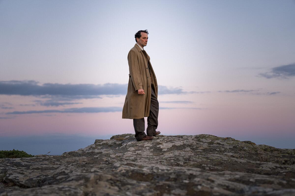 A man in a trenchcoat stands alone on a hill, a sunrise sky behind him