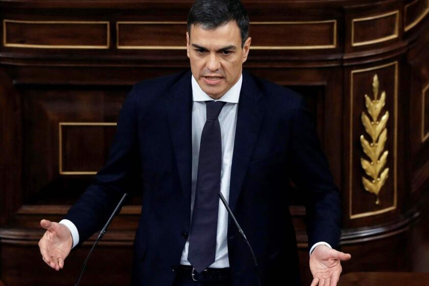 Leader of the Spanish Socialist Party PSOE Pedro Sanchez gives a speech during a debate on a no-confidence motion at the Lower House of the Spanish Parliament in Madrid on June 01, 2018. Bar any last-minute u-turn, an absolute majority of lawmakers as varied as Catalan separatists and Basque nationalists will vote the no-confidence motion filed last week by the Socialists over a string of corruption woes hitting Spanish Prime Minister Mariano Rajoy's conservative Popular Party (PP). / AFP PHOTO / POOL / Emilio NaranjoEMILIO NARANJO/AFP/Getty Images ** OUTS - ELSENT, FPG, CM - OUTS * NM, PH, VA if sourced by CT, LA or MoD **
